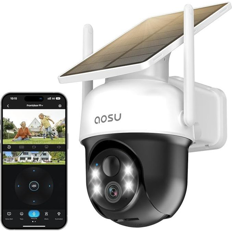 aosu 2K lauko stebėjimo kamera su saulės baterija 3MP [360° PTZ panorama, integruota saulės baterija] Belaidis PIR judesio aptikimas Automatinis sekimas Spalvotas naktinis matymas Garso ir šviesos signalas Dvipusis garsas