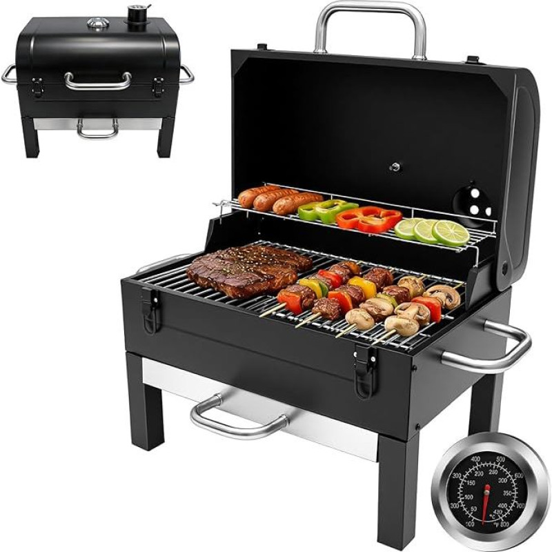 Medžio anglių kepsninė su dangčiu ir termometru, nešiojamoji BBQ kepsninė su pelenų dėže, kepimo grotelės 48 x 32 cm, stalo kepsninė lauko stovyklavietei