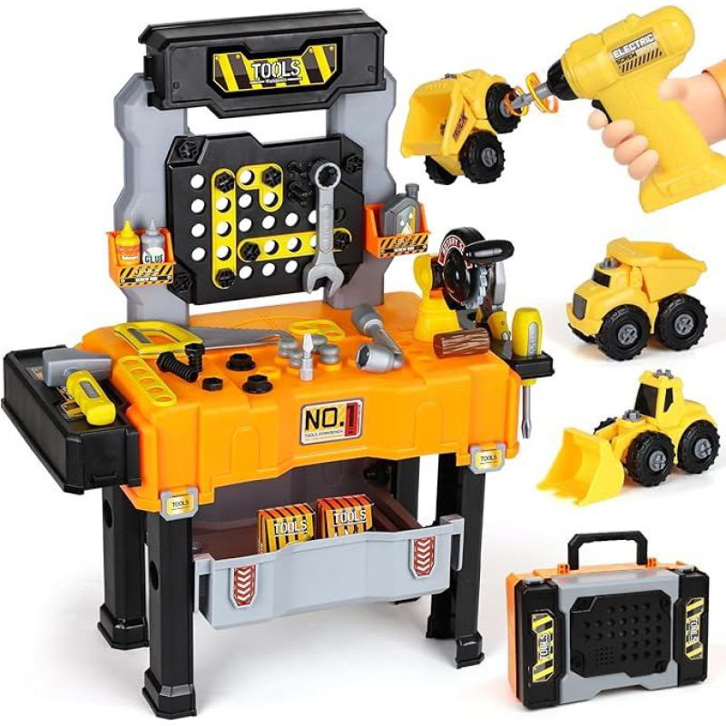 Lehoo Castle Werkbank Kinder, Kinder Werkzeug Set mit Bohrer und Abnehmbarem Baufahrzeug, 2in1 Werkzeugkoffer und Werkzeugbank, STEM Lernspielzeug für Kinder ab 2 3 jahre