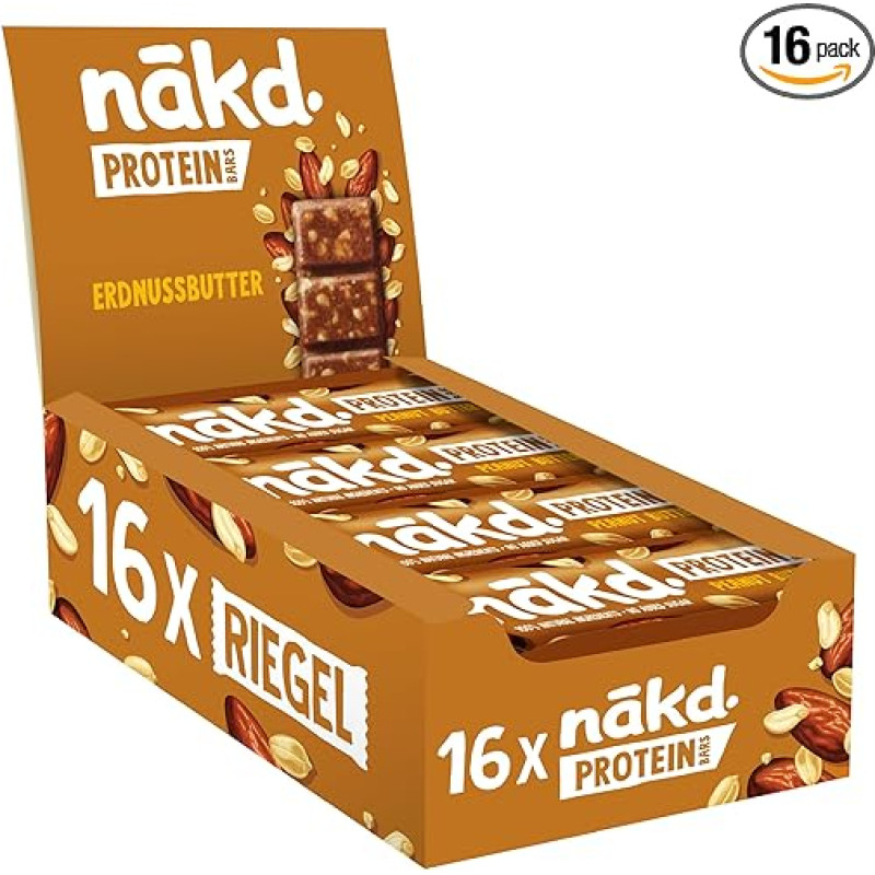 Nākd. Baltymų batonėlis su žemės riešutų sviestu | Baltymų batonėlis | 7g augalinių baltymų | 100% natūralūs ingredientai | Be pridėtinio cukraus | Vegan | 16 x 45g | 720g