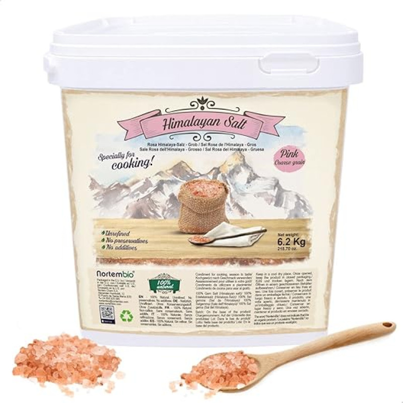 Nortembio Rožinė Himalajų druska 6,2 kg rupios (2-5 mm) 100% natūrali druska, turtinga mineralais, naudinga sveikatai, naudojama gaminant maistą, nerafinuota, be konservantų, iš Pandžabo Pakistane