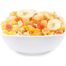 1 x 3 kg egzotinių vaisių mišinio Kandiruoti vaisių gabaliukai Papaja Mango Melionas Ananasas Kokosas Obuolys Bananas Mažai riebalų Be druskos Vegetariškas Be glitimo Be laktozės