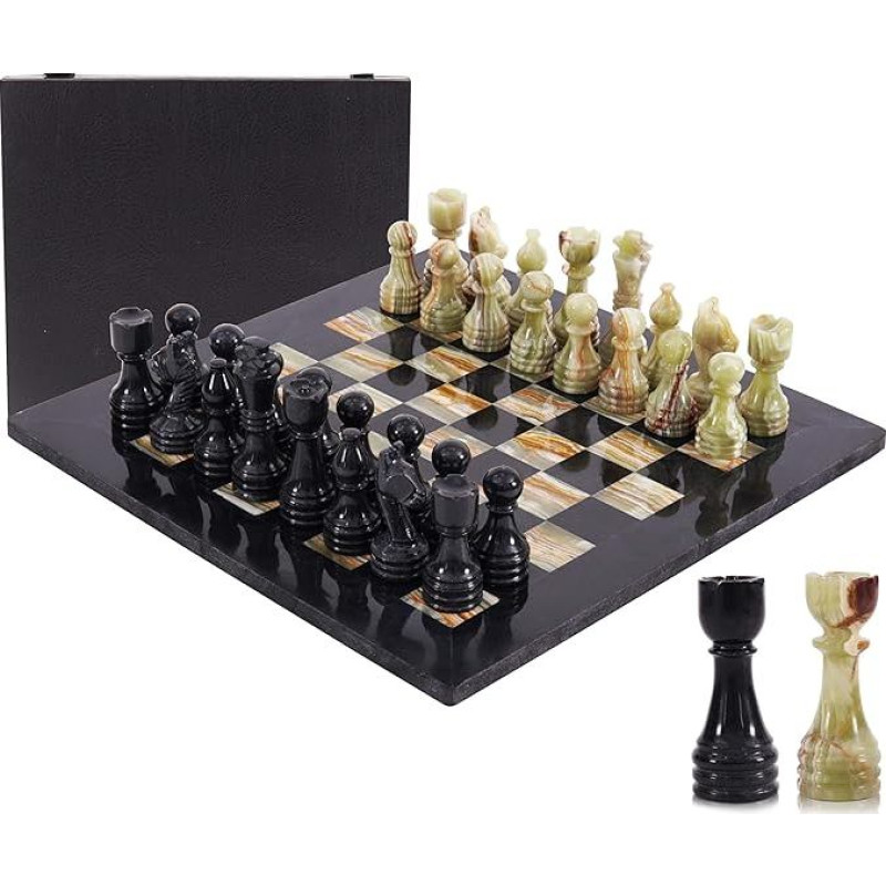 Marmurinių šachmatų rinkinys 15 colių rankų darbo juodos ir koralų spalvos su 34 figūromis ir laikymo dėžute Prabangus kelionių žaidimas suaugusiesiems, stilinga dovana ir dekoracija (juodas ir žalias oniksas)