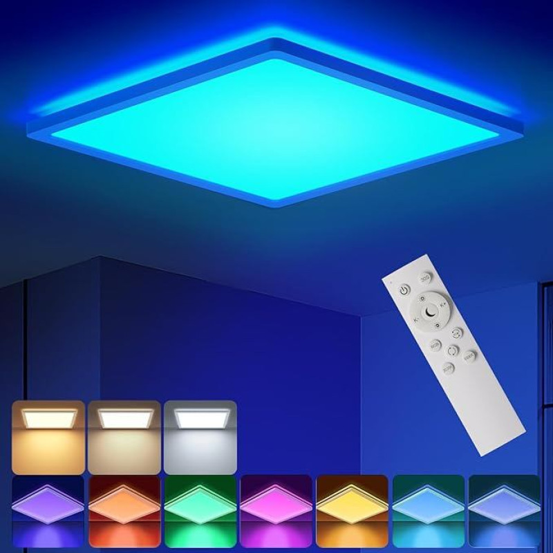 BLNAN RGB LED lubų šviestuvas, reguliuojamas su nuotolinio valdymo pulteliu, 24 W lubų šviestuvas su keičiamomis spalvomis, 3000 K - 6500 K, 2400 lm, modernus kvadratinis šviestuvas svetainei, miegamajam, vaikų kambariui, baltas, 30 x 2,5 cm