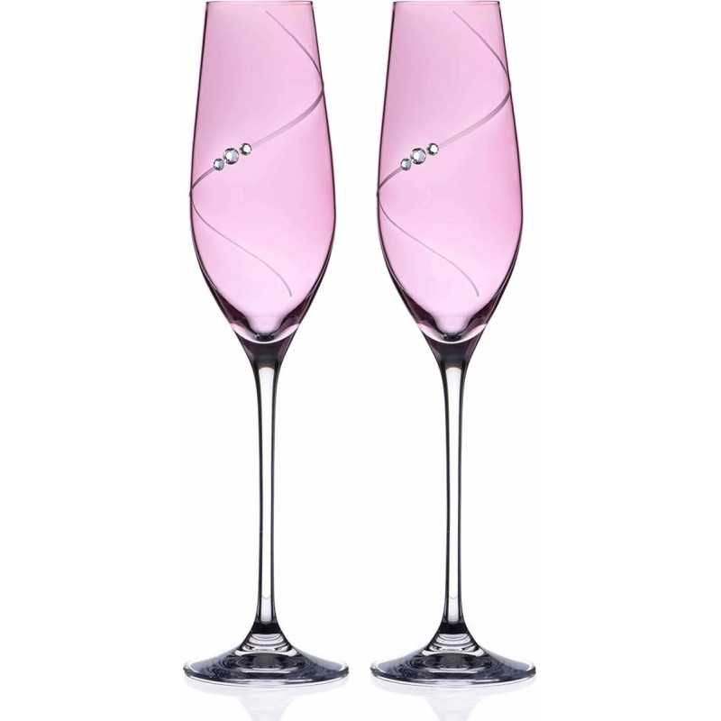 DIAMANTE 2 x rožinio blizgesio silueto šampano fleitos, dekoruotos Swarovski kristalais, eliksyro dovanų dėžutėje