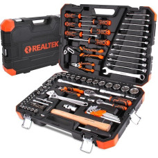 REALTEK 100 dalių mechaninių įrankių rinkinys Automobilių įrankių rinkinys Cr-V Kištukinis veržliaraktis Automobilių remonto rinkinys, įskaitant lizdinius priedus Replės Sunkusis plaktukas Atsuktuvas Bendrieji buitiniai įrankiai