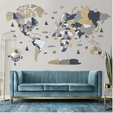 Mappa del mondo in legno (italų kalba) - Dekoratyvinė 3D sieninė tapyba - Mappa matmenys (M, L, XL) - Arte da parete per la casa (ALASKA, M (120 x 62 cm)