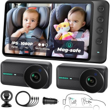 Magnetinė dviguba kūdikių automobilinė kamera dviem vaikams, 1080P IPS ekranas su magnetiniu laikikliu, 3 režimai (priartinimas / veidrodis / dalijimasis), automatinis naktinis matymas, USB maitinimo automobilinė kamera kūdikiams, atgal