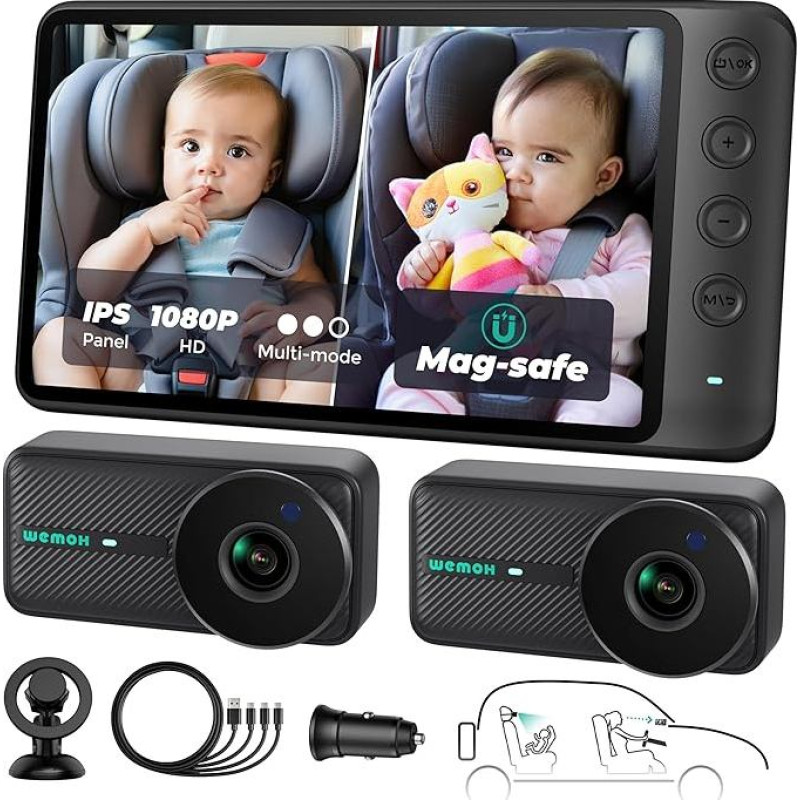 Magnetinė dviguba kūdikių automobilinė kamera dviem vaikams, 1080P IPS ekranas su magnetiniu laikikliu, 3 režimai (priartinimas / veidrodis / dalijimasis), automatinis naktinis matymas, USB maitinimo automobilinė kamera kūdikiams, atgal