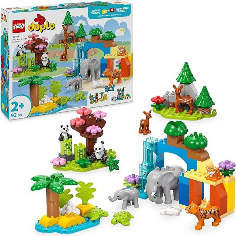 LEGO DUPLO 3in1 laukinių gyvūnų šeimos - mažylių mokymosi žaislas 2+ metų mergaitėms ir berniukams, įskaitant vėžlio, tigro, dramblio, elnio ir pandos figūrėles su konstruojamomis buveinėmis - 10446