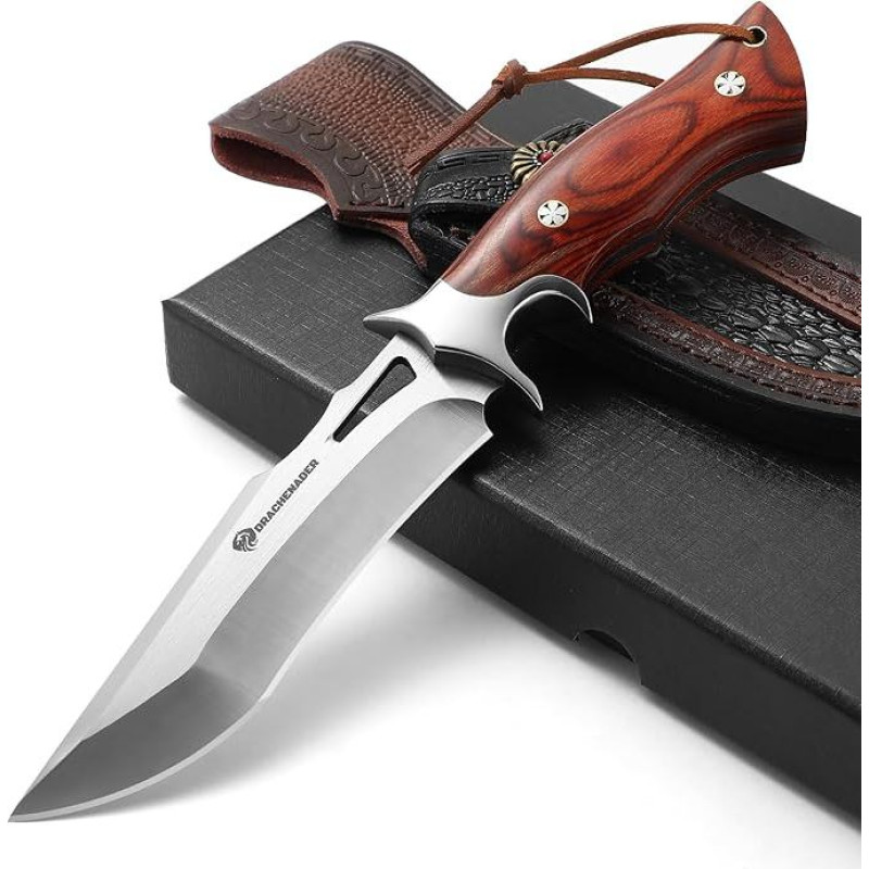Medžioklinis peilis TJ-PTG, 13 cm ilgio geležtė, lauko peilis, pagamintas iš M390 plieno, diržinis peilis su odiniu dėklu ir elegantiška medine rankena, skirtas išgyvenimui, stovyklavimui