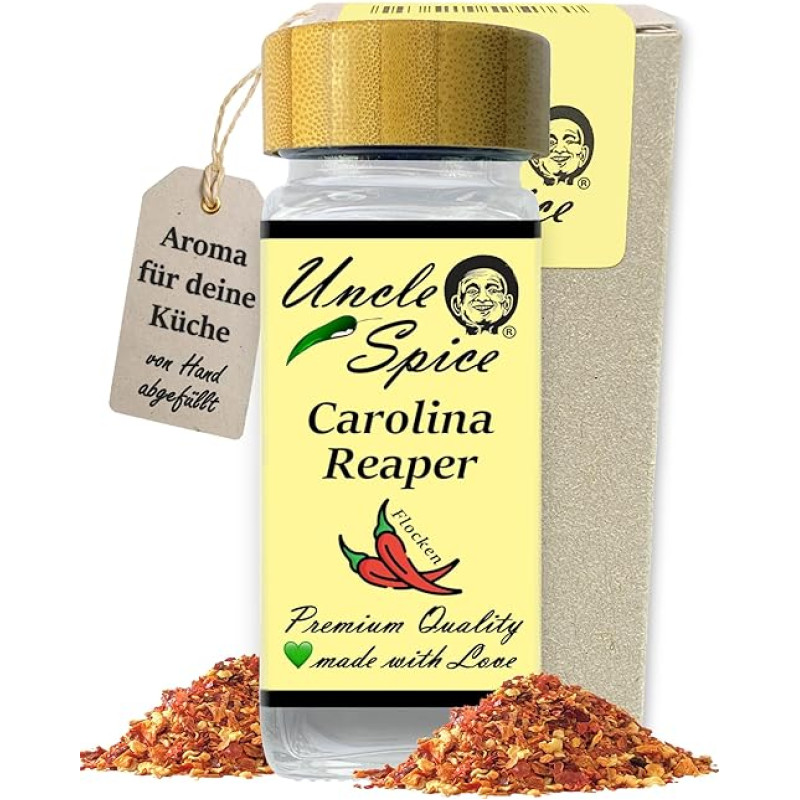 UNCLE SPICE® Carolina Reaper Flakes - 35 g aštriausios pasaulyje aitriosios paprikos dribsnių elegantiškame prieskonių indelyje - Gringo Killer - aitriosios paprikos, susmulkintos aitriosios paprikos dribsniai, 1,5 mln.