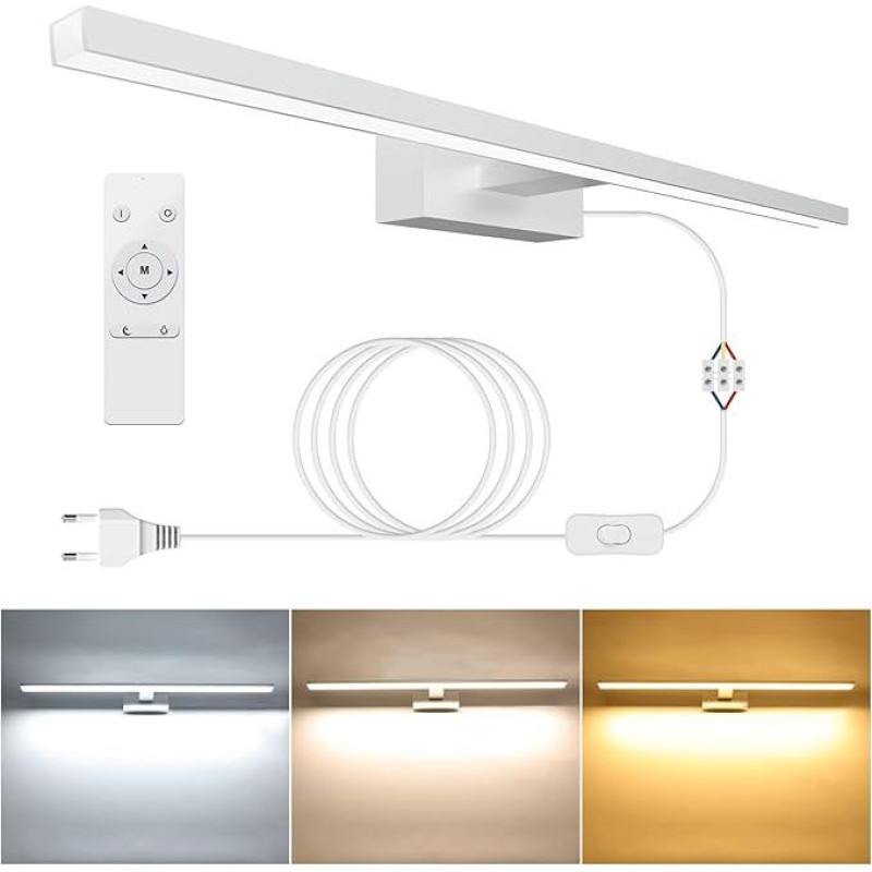 NIORSUN LED vonios veidrodžio apšvietimas su jungikliu, 15 W, 60 cm, 1400 liumenų, laisvai reguliuojamas 3000 K - 6000 K, veidrodžio apšvietimas su nuotolinio valdymo pulteliu, vonios kambario šviestuvas, IP44, 600 mm sieninis vonios kambario šviestuvas