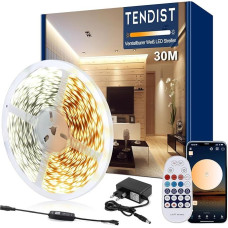 LED juosta balta, reguliuojamas apšvietimas, 3000 K - 6500 K nuo šiltos baltos iki šaltos baltos 24 V LED juosta su nuotolinio valdymo pulteliu, išmaniąja programėle ir valdiklio funkcija (šilta balta, 3000 K, šalta balta, 6500 K, 30 M)