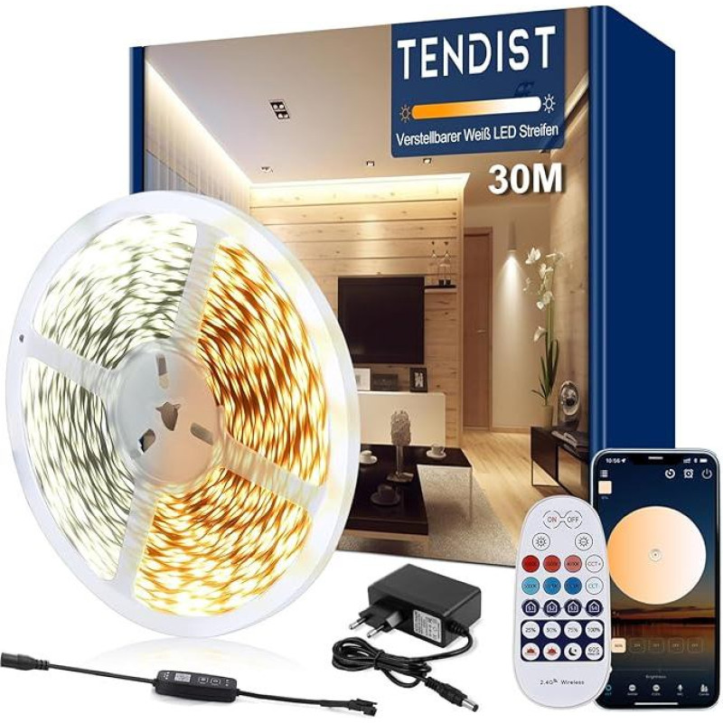 LED juosta balta, reguliuojamas apšvietimas, 3000 K - 6500 K nuo šiltos baltos iki šaltos baltos 24 V LED juosta su nuotolinio valdymo pulteliu, išmaniąja programėle ir valdiklio funkcija (šilta balta, 3000 K, šalta balta, 6500 K, 30 M)