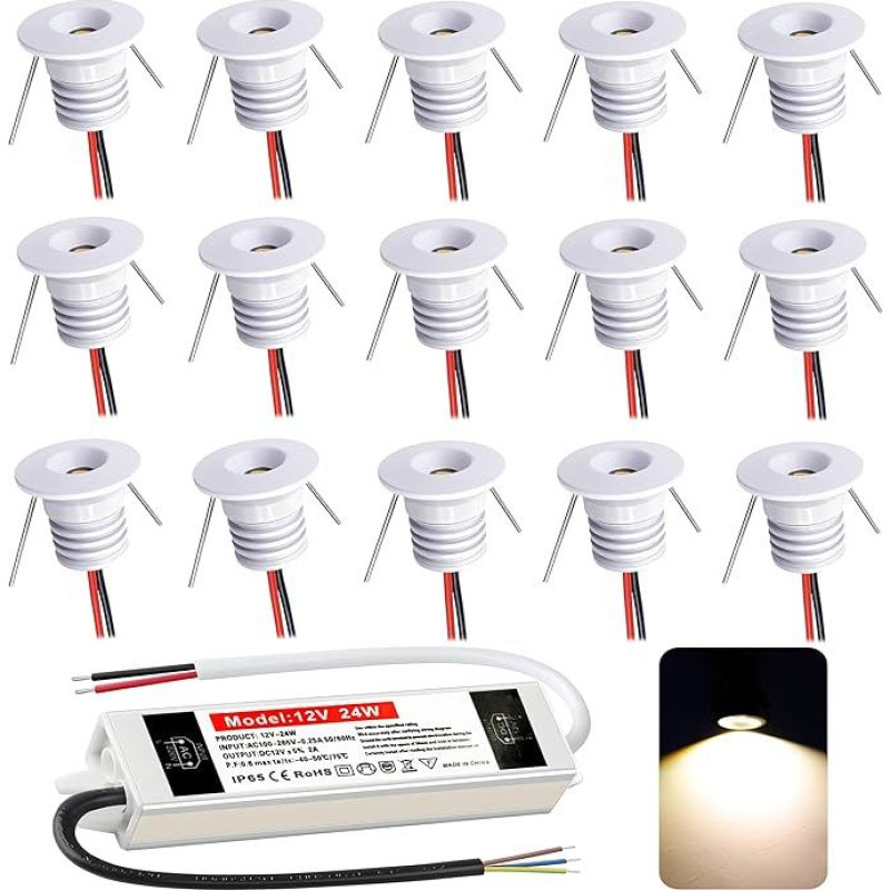 Įleidžiamas prožektorius LED 1 W, mini LED prožektorius, LED įleidžiamas prožektorius, 12 V, skylės dydis 15-18 mm, lubų prožektoriai, IP65 įleidžiami prožektoriai, šilta balta spalva, LED prožektorius stoginei, vonios kambariui, virtuvei