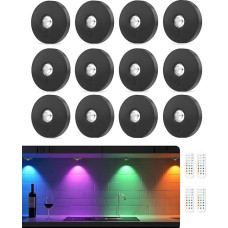 USB įkraunamas LED prožektorių akumuliatorius su nuotolinio valdymo pulteliu, RGB spalvų keitimo apšvietimas, magnetinis šviesos diodų apšvietimas, belaidis vitrinų apšvietimas su laiko nustatymo funkcija, juodas (12 vnt.)