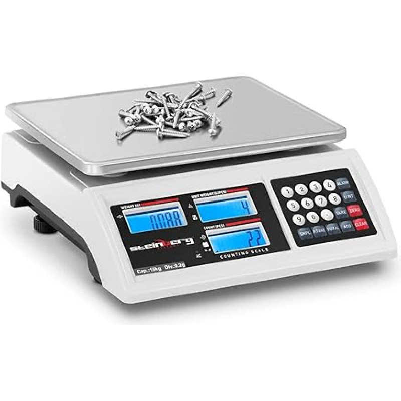 Steinberg Systems Skaičiuojamosios svarstyklės 15 kg 0,2 g 22,8 x 28 cm Akumuliatorius 80 h 3 LCD Inventorinės svarstyklės Inventorinės svarstyklės Vienetų skaičiavimo svarstyklės Etaloninės svarstyklės