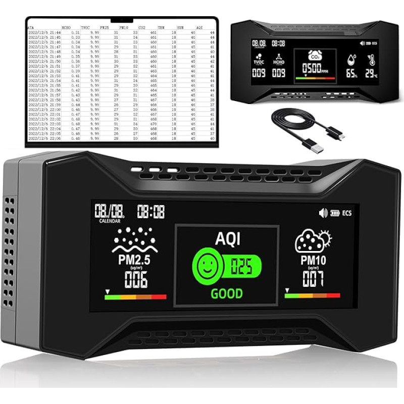 CF-20 DL Air Quality Meter with Data Report, CO2 Meter Measurement of CO2, TVOC, HCHO, PM2.5, PM10, AQI, Temperature, Humidity, Symbol-Based Visual Display for Home, School