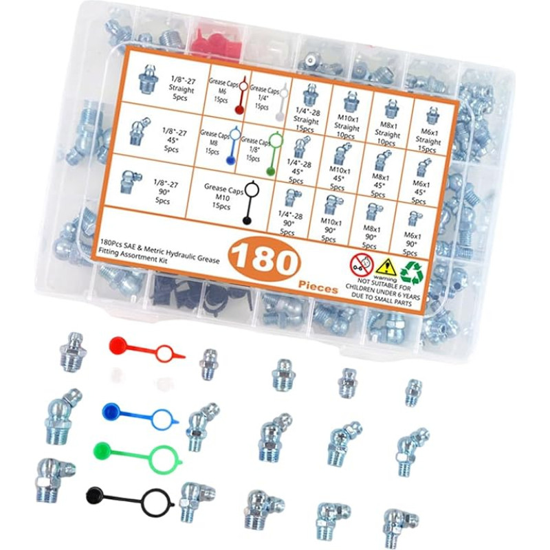 180-teiliges Zerk Fitting Hydraulikwerkzeug aus Kohlenstoffstahl, gerades 45-90-Grad Zubehör für die mechanische Wartung, Motorpflege, hochfeste Fettdüsen