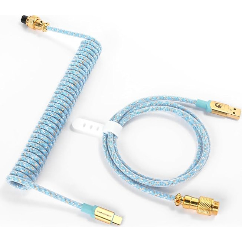 MAMBASNAKE C03 suvyniotas USB C laidas žaidimų klaviatūrai, pintas klaviatūros laidas, C tipo - A USB, pintas USB C laidas, spiralinis C tipo klaviatūros laidas, 24K aukso aviacijos jungtis - šviesiai mėlynas