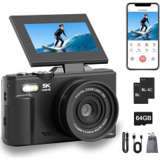 5K skaitmeninis fotoaparatas, 75MP WiFi DSLR fotoaparatas su 180° apverčiamu ekranu, 3 colių LCD ekranu, automatinio fokusavimo priartinimu, 64GB kortele, 2 baterijomis, kompaktiškas Vlogging fotoaparatas kelionėms, Youtube, pradedantiesiems, paaugliams, 