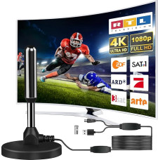 DVB-T2 vidinė antena su stiprintuvu - Vidinė TV antena, DVB-T/T2, TV antena 4K UHD Full HD, 360° priėmimas iki 500 km, nemokamas siųstuvas