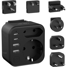 JSVER Travel Adapter Worldwide Set, International Travel Plug 2 Compartments with 4 USB (2 USB C) 6 Removable Adapters with Switch, Type A/B/C/M/I/G Plug for JAP/UK/USA/EU/AUS/South Africa (Black)