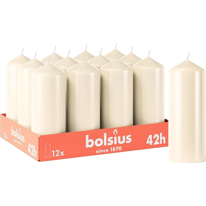 Bolsius Smooth Pillar Candles - Dramblio kaulo spalvos - 12 vnt. - 15 x 6 cm - Dekoratyvinės namų apyvokos žvakės - Degimo trukmė 42 valandos - Nekvepiančios - Sudėtyje yra natūralaus augalinio vaško - Be palmių aliejaus
