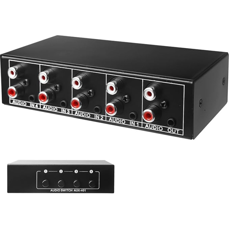 Garso jungiklis, garso jungiklis 4 in 1 Out, garso jungiklis 3,5 mm Aux + RCA L/R, dvikryptis garso jungiklis, garso pasirinkimo dėžutė, vaizdo garso skirstytuvas ausinėms, Phono, garsiakalbiui