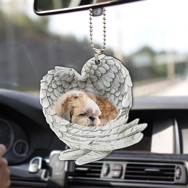 Talataca Shih Tzu Shitzu Miegantis angelas sparnai Gyvūnas naminis šuo Ūkio 2D Butas Automobilių galinio vaizdo veidrodžio priedai Kalėdų eglutės ornamentas Dekoracija Kabantis žavesys Vidinis galinio vaizdo pakabukas Dekoras