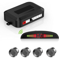 Car Reversing Radar Wireless Reverse Radar System with 4 Reversing Wheels, LED Distance Indicator Wireless with Audible Warning + 4 Grey Reversing Sensors for Car Vans RV Trailer