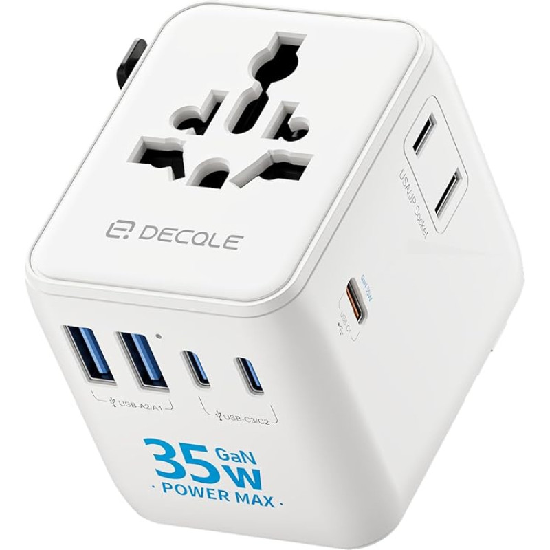 Kelioninis adapteris visame pasaulyje, universalus kelioninis kištukas su 3 USB-C (GaN 35W), 2 USB-A ir 1 kintamosios srovės kištukiniu lizdu, tarptautinis kištukinis lizdas, universalus kintamosios srovės adapteris ES, JK, JAV, AU (baltas)
