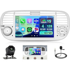 4 + 128G Android Car Radio with Screen for Fiat 500 2007-2015 Wireless Carplay, Car Radio with Navigation 7 Inch IPS Screen Android Car/FM/RDS/Reversing Cam