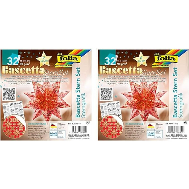 folia 409/1515 Amatų rinkinys Bascetta Star Graphic Red / Gold, 32 lapai, 15 x 15 cm, popierinės žvaigždės dydis apie 20 cm, su išsamia instrukcija (anglų kalba negarantuojama), idealiai tinka