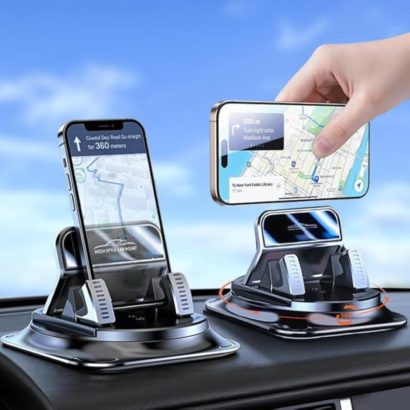 Automobilinis mobiliojo telefono laikiklis, 360° kampu besisukantis mobiliojo telefono laikiklis automobilyje, prietaisų skydelio mobiliojo telefono laikiklis su geliniais kilimėliais, šis transporto priemonės navigacijos laikiklis suderinamas su 