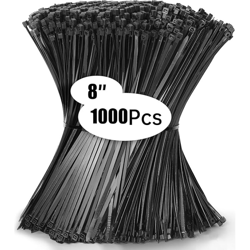 1000 vnt. pakuotė 200 x 4,8 mm juodos spalvos 23 kg profesionalūs kabeliniai kaklaraiščiai patvarūs, atsparūs UV spinduliams, gerai pagaminti kabelių valdymo įtaisai, sodininkystės dirbtuvės