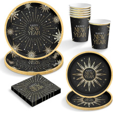 OH YEAH New Year's Eve Disposable Tableware Set - Pieces - End of Year Plates, Cups and Napkins - Festive Table Decoration Happy New Year (6 People Happy New Year Black)