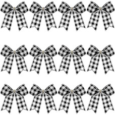 Pack of 12 Christmas Plaid Bows Buffalo Plaid Decorative Bow Christmas Decorative Plaid Bows for Christmas Wreaths Tree House Indoor Outdoor Decoration (Black and White, 4 x 4 inches)