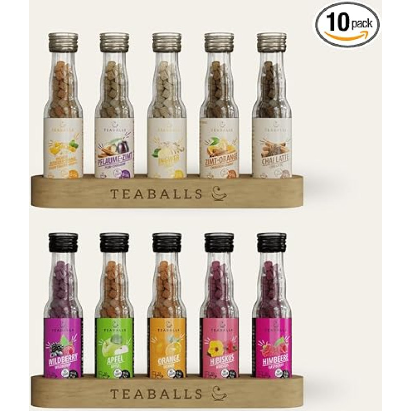 TEABALLS - 10 pavasarinių arbatos mišinių rinkinys su mediniu stovu - 10 veislių - 400 puodelių - pavasario arbatos degustavimo paketas ir pavasario dovanų idėjos