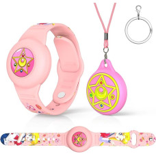 1 x Waterproof Wristband and 1 x Pendant Case for Apple Airtag Kids Apple Airtag IP53 Anti-Lost GPS Tracking Full Body Cute Animation Silicone Adjustable (Pink)