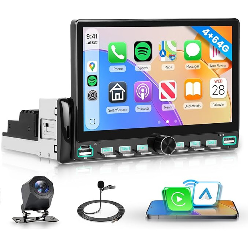 Rimoody 4G+64G Android 15 Autoradio 1 Din mit Wireless Carplay Android Auto GPS Navi WiFi, 7 Zoll Klaviertasten Touchscreen Radio Single Din mit Bluetooth FM/RDS/USB/EQ Lenkradsteuerung Rückfahrkamera