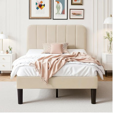 VECELO minkšta lova, 90 x 200 cm, viengulė lova, reguliuojamo aukščio galvūgalis, medinių skersinių lentjuosčių rėmas, aksominis audinys, lengvai surenkama, idealiai tinka paauglių kambariui, smėlio spalvos