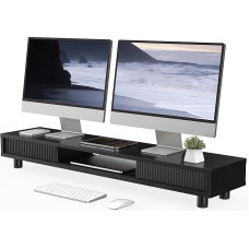 Fenge Dual Monitor Stand 108 cm Large Screen Stand with 2 Glass Sliding Doors Height-Adjustable Monitor Stand for Computer/Laptop/TV, Load Capacity 50 kg (Black)