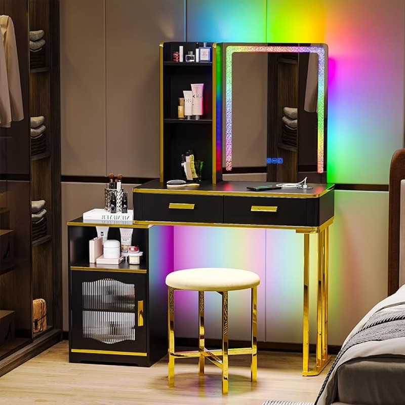 Gurexl RGB tualetinis staliukas su apšvietimu ir veidrodžiu, kosmetinis staliukas su stalčiais ir paminkštinta taburetė, tualetas su keičiama apatine spintele ir USB, skirtas miegamajam, juodas