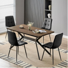 LEWE Dining Table with 4 Chairs, Rectangular Dark Wood Kitchen Table in 140 x 80 x 76 cm with 4 Black Dutch Velvet Dining Room Chairs, Black Metal Legs, for Kitchen, Dining Room, Living Room