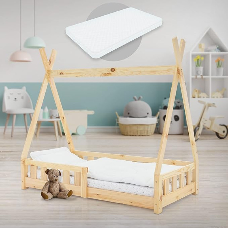 ML-Design Teepee vaikiška lova 70 x 140 cm, natūrali, su čiužiniu, apsauga nuo kritimo ir skersiniu rėmu, pagaminta iš pušies medienos, indėniška lova iš medžio masyvo mergaitėms ir berniukams, namuko lova su tvorele, jaunimo lova, žaidimų lova