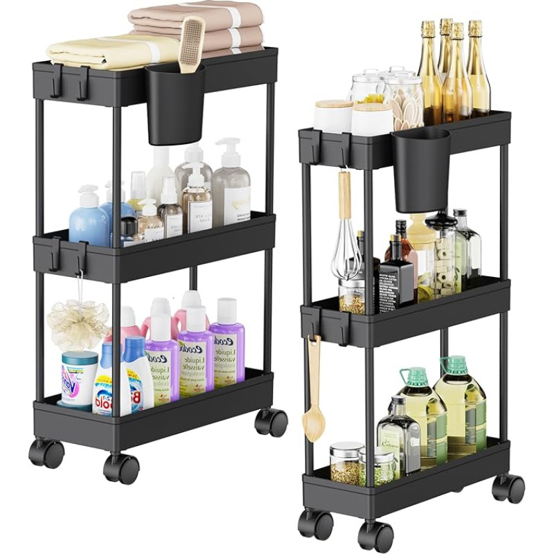 2 x 3 Tier Storage Trolley with Wheels, Space-Saving Mobile Narrow Bathroom Trolley, Minimalist All-purpose Trolley for Bathroom and Kitchen, Black