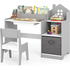 FANTASK Children's Desk Set, Student Desk with Drawer, Open Shelves & Fabric Container, Youth Desk with Chair, Desk for Children from 3 Years (Grey)