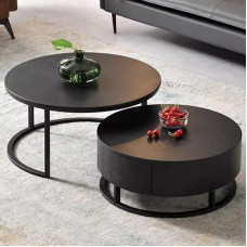 Massivholz Couchtisch mit Aufbewahrungsschubladen - 2er Set Runde Nisttische für Wohnzimmer, reichlich Stauraum, hohe & niedrige Kombination (Schwarz)